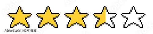 Rating five stars. 5 star quality rating badge. Star vector icons pixel art