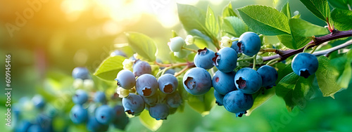 A branch with natural blueberries on a blurred background of a blueberry garden at golden hour. The concept of organic, local, seasonal fruits and harvest