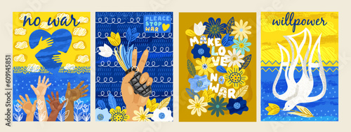 Peace and no war set. Posters in yellow blue colors of flag. Help to Ukrainian people. Stop attack abstract flyers. White dove, flowers, love concept. Cartoon flat vector isolated on white background