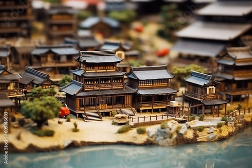 A miniature model of a japanese village by a river. Generative AI.