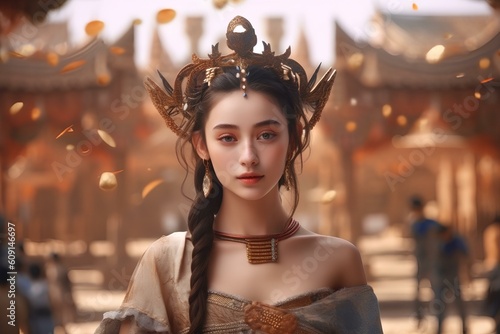 a beautiful smiling woman wearing dunhuang dress in dunhuang background. generative AI photo