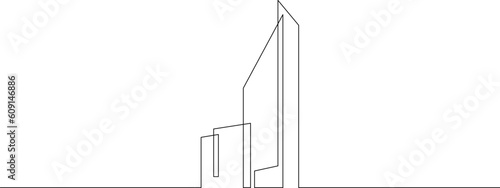 Skyscrapers at home. High-rise residential urban buildings. Skyscrapers logo. One continuous line. Linear.One continuous line drawn isolated, white background.