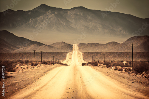 Fictional road in desert that runs through mountain. Teal and Orange, tranquil, scenic, dusty American landscape. Retro vintage style. Red rocks valley and scrub plants. Made with Generative AI
