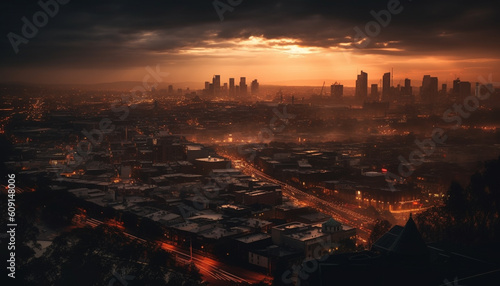 Glowing city skyline at twilight, no people generated by AI © Jeronimo Ramos