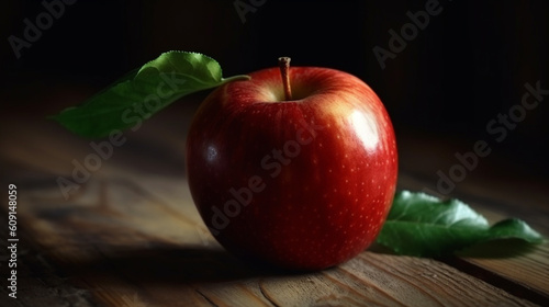 Red apple on wooden table with autumn leaves, shallow depth of field.generative ai