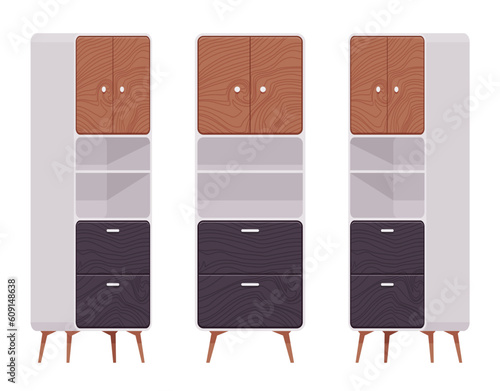 Cupboard furniture set, natural brown, black. Functional kitchen buffet, laundry, pantry display cabinet, utility room stuff storage. Vector flat style cartoon home, office isolated, white background