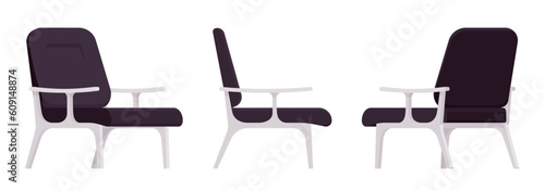Armchair black fabric furniture, upholstered wooden lounge chair set. Studio, public waiting area, living room seating comfort. Vector flat style cartoon home, office piece isolated, white background