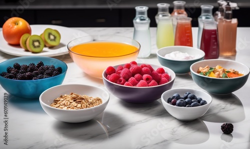  a table topped with bowls filled with fruit and cereals. generative ai