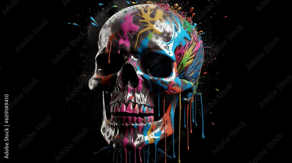 Skull with colorful paint splashes on black background.generative ai Skull with colorful paint splashes on black background.generative ai