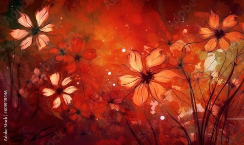  a painting of orange flowers on a red and orange background.  generative ai