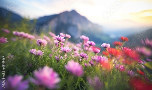  a field of flowers with a mountain in the background with a blurry sky.  generative ai