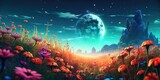 Intergalactic Blooms: Amazing Planetary View in a Field of Flowers - Experience Galaxy Travelling Style in Digital Gaming Art - Flower Field Wallpaper created with Generative AI Technology
