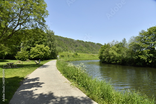 Chemin de halage le long de la Sambre dans un paysage bucolique à Landelies (Montigny-le-Tilleul)