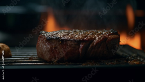 Grilled steak on plate, ready to eat outdoors generated by AI