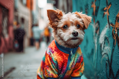 Dog in fashionable bright pullover. Dressed dog. Dog clothes. Pet Supplies. Generative AI