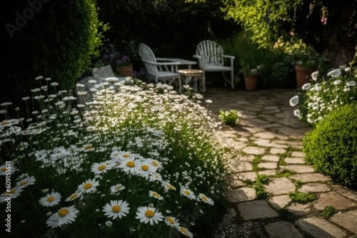 Lovely garden with daisies in June or July. Generative AI