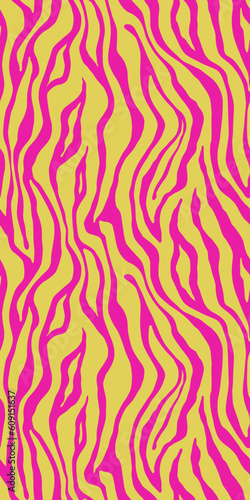 Tiger yellow pink seamless pattern. Vector animal skin print. Fashion organic texture.