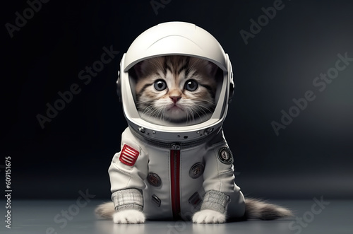 A cat wearing a space suit sitting on a table. Generative AI. photo