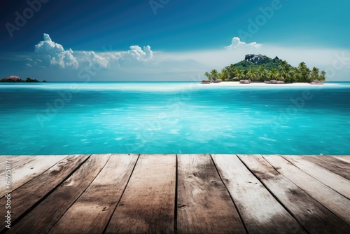 Tropical water, island, and wooden floor in the background. Generative AI