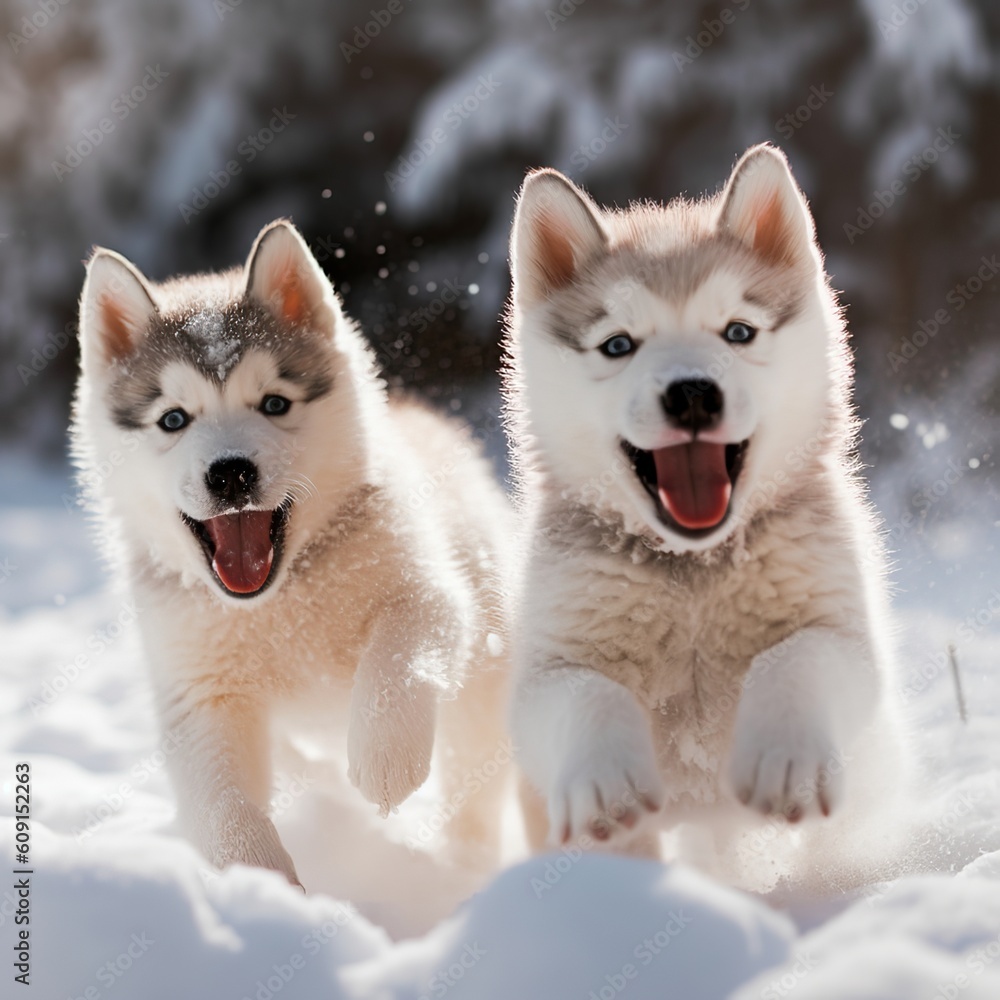 Playful Siberian Husky Puppies Enjoying the Snow