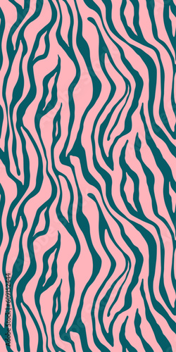 Tiger pink green seamless pattern. Vector animal skin print. Fashion organic texture.