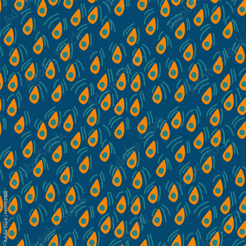 Abstract cartoon peacock feathers seamless pattern on blue background