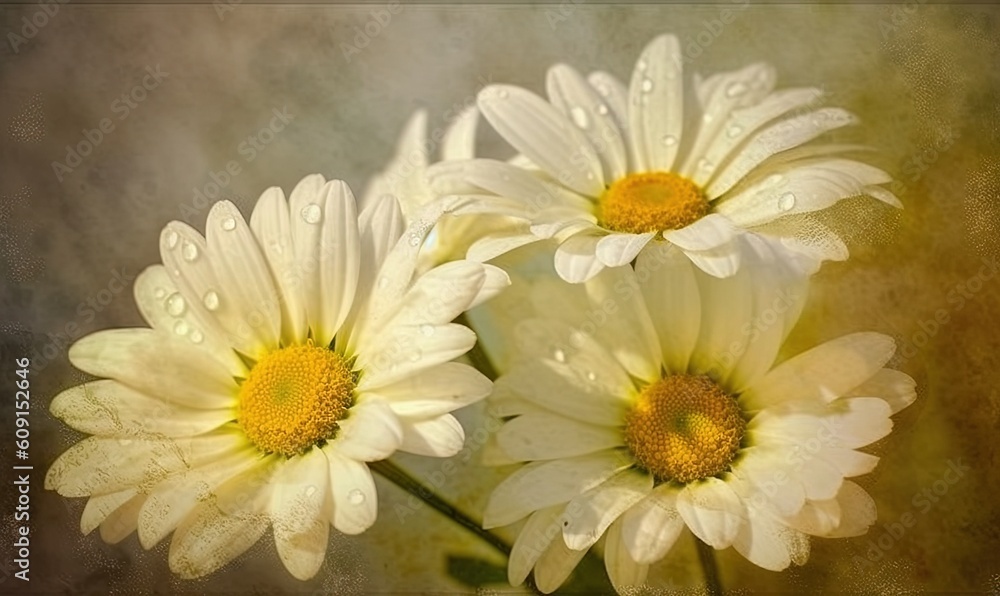 three white daisies with water droplets on them in a vase. generative ai three white daisies with water droplets on them in a vase. generative ai