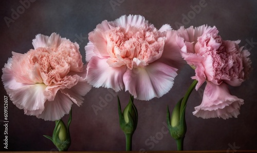  three pink carnations in a vase on a table. generative ai