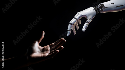 the robot's hand touches the human hand on a black background. the concept of helping artificial intelligence to people. development of AI technologies and robotics. AI generation