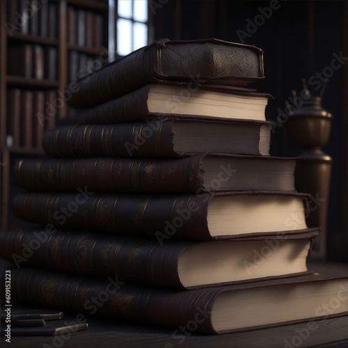 stack of old vintage library of vintage books on old wooden table in fantasy medieval period