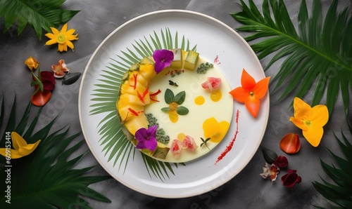  a plate with a cake decorated with flowers and palm leaves.  generative ai