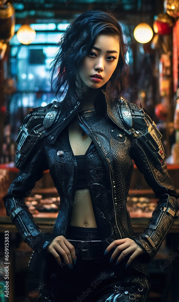 A woman in a leather jacket posing for a picture. Generative AI.