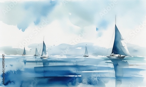  a watercolor painting of sailboats in the ocean on a cloudy day. generative ai