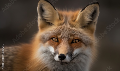  a close up of a red fox with a black background.  generative ai © Olga