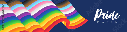 Colorful PRIDE month banner with 3D rainbow background. Vector template background.