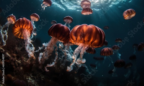  a group of jellyfish swimming in the ocean water near a coral reef.  generative ai
