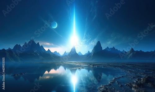  an alien landscape with mountains and a bright blue light at the end of the day.  generative ai © Olga