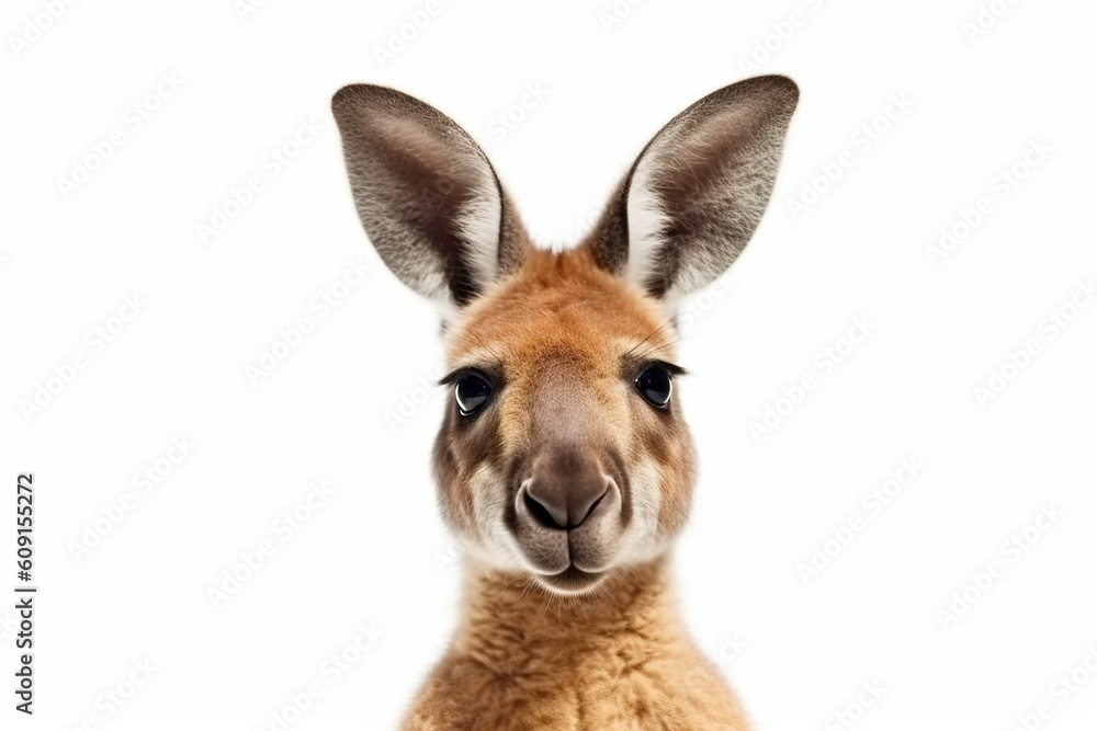A close up of a kangaroo with a white background. Generative AI.