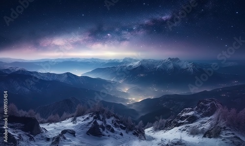  a view of a mountain range with a star filled sky.  generative ai © Olga