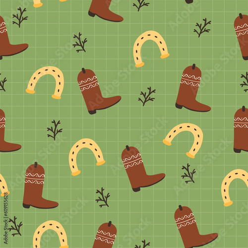 Seamless pattern with cowboy elements boot and horseshoe