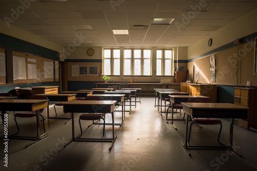 An empty college classroom.School desks.Nobody.Created with generative ai