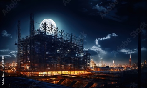  a building under construction with a full moon in the background.  generative ai