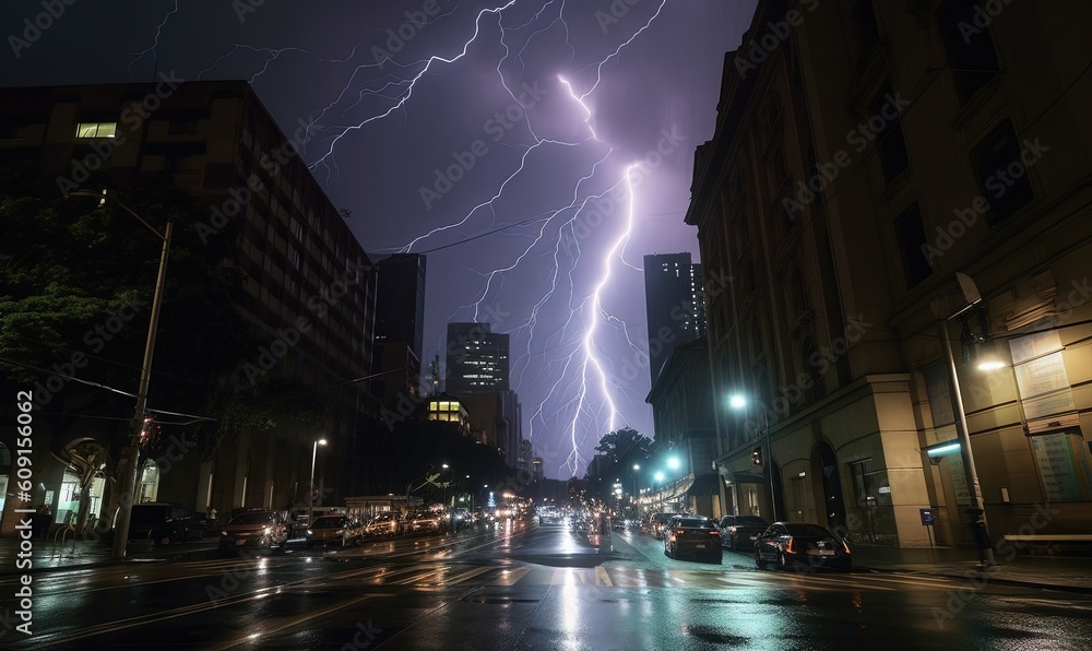  a city street filled with cars and a bunch of lightning.  generative ai