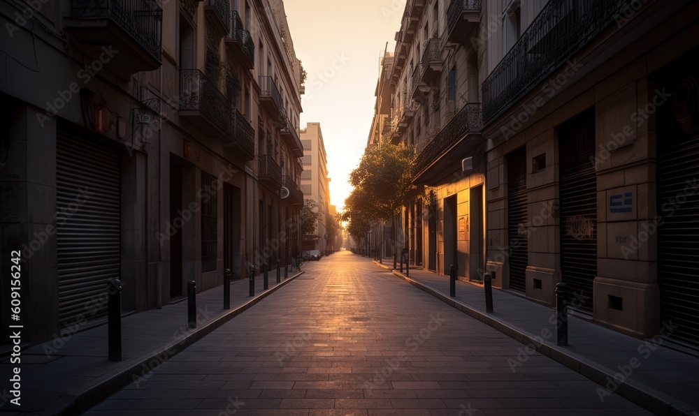 Fototapeta premium a city street lined with tall buildings and closed shutters. generative ai