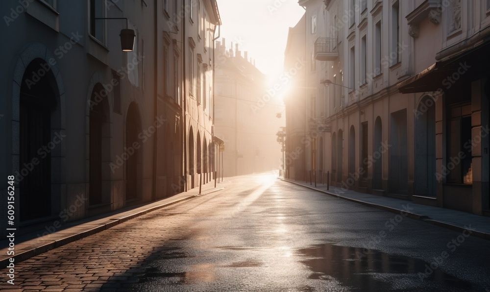  the sun is shining through the buildings on a street in a city.  generative ai