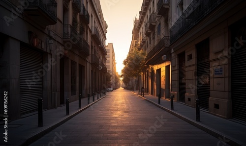 Fototapeta Naklejka Na Ścianę i Meble -   a city street lined with tall buildings and closed shutters.  generative ai