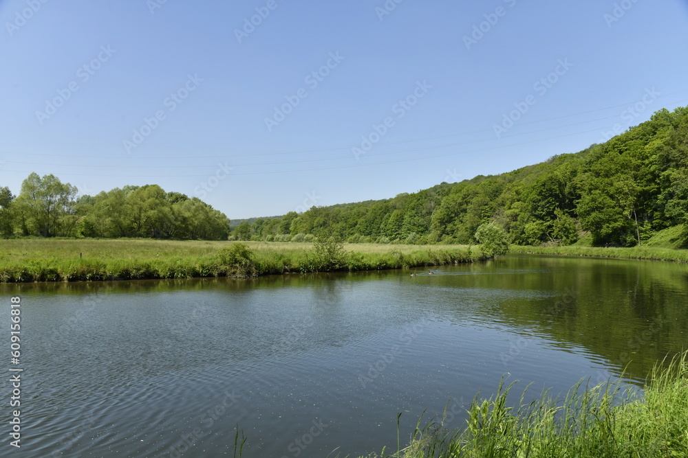 La Sambre calme et brillante sous un ciel clair entre prairies et bois à Hourpes (Thuin) La Sambre calme et brillante sous un ciel clair entre prairies et bois à Hourpes (Thuin)