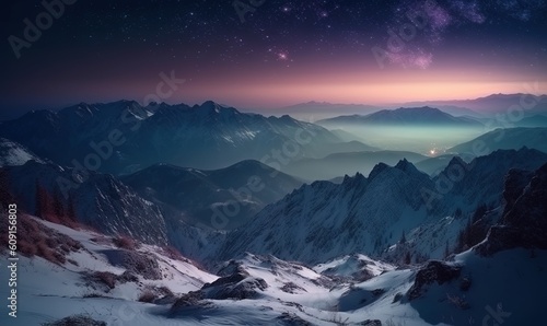  a view of a mountain range at night with the stars in the sky. generative ai