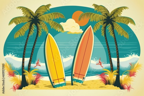 Surfboards on a palm-fringed paradise island. Illustration of an unusual vacation destination. Summer vacation idea. Generative AI © 2rogan