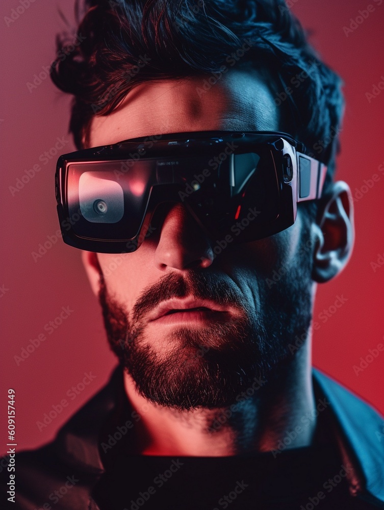 Model young man in glasses of virtual reality. Augmented reality, future technology concept. VR. Neon light. AI generative Model young man in glasses of virtual reality. Augmented reality, future technology concept. VR. Neon light. AI generative